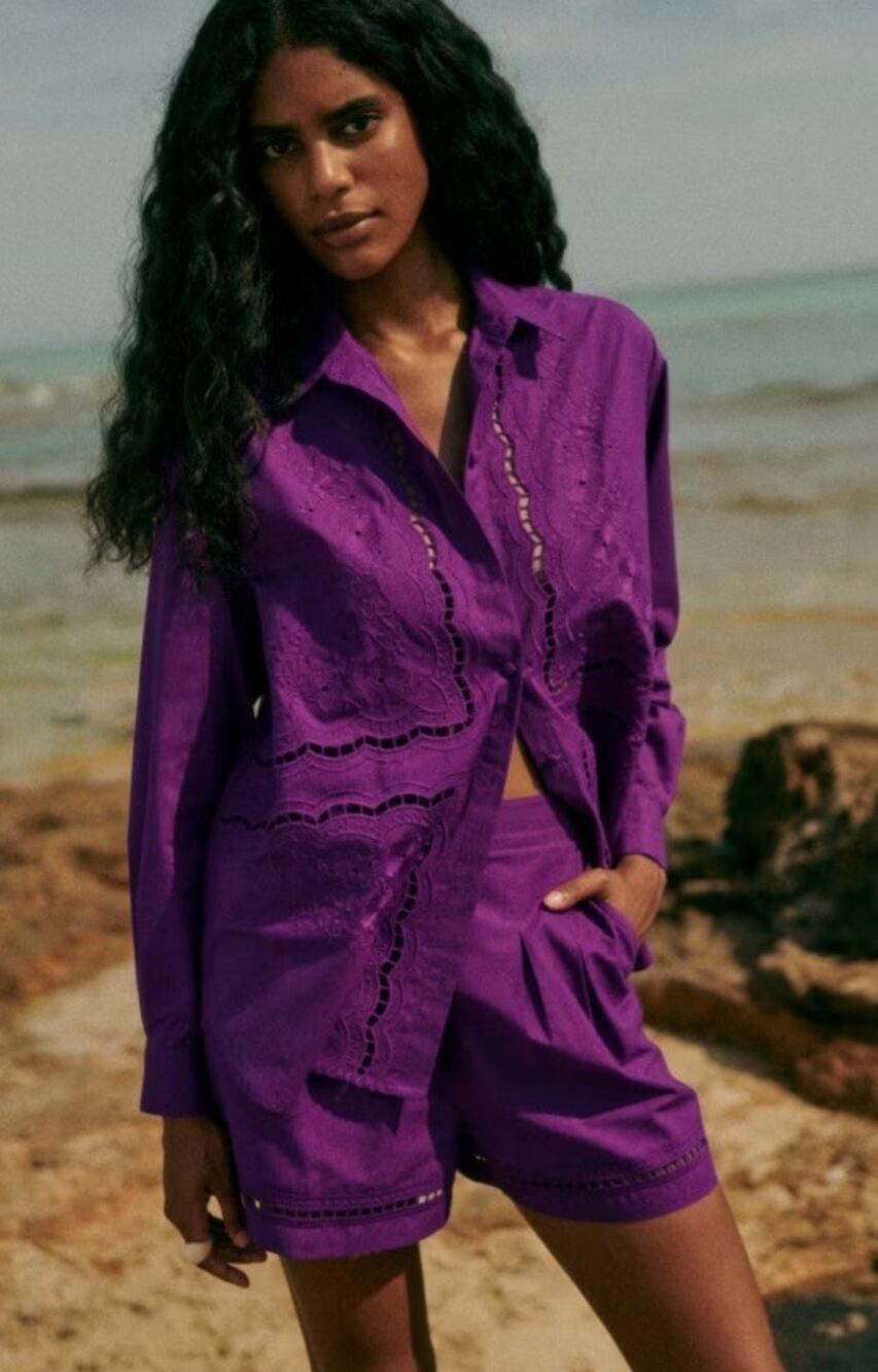 Sezane Maxy Shirt Purple Embroidered Organic Cotton Blouse XL 42 US 10